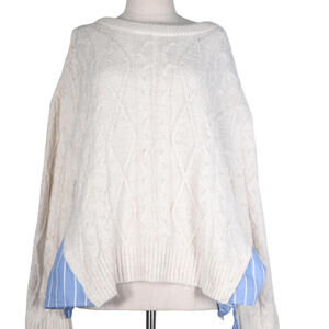 Anthropologie Women’s Medium Cream Cable Knit Pullover Sweater Blue Blouse Trim
